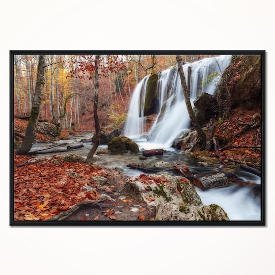 Designart - Crimea Waterfall in the Fall - Landscape Photo Canvas Art Print in Black Frame
